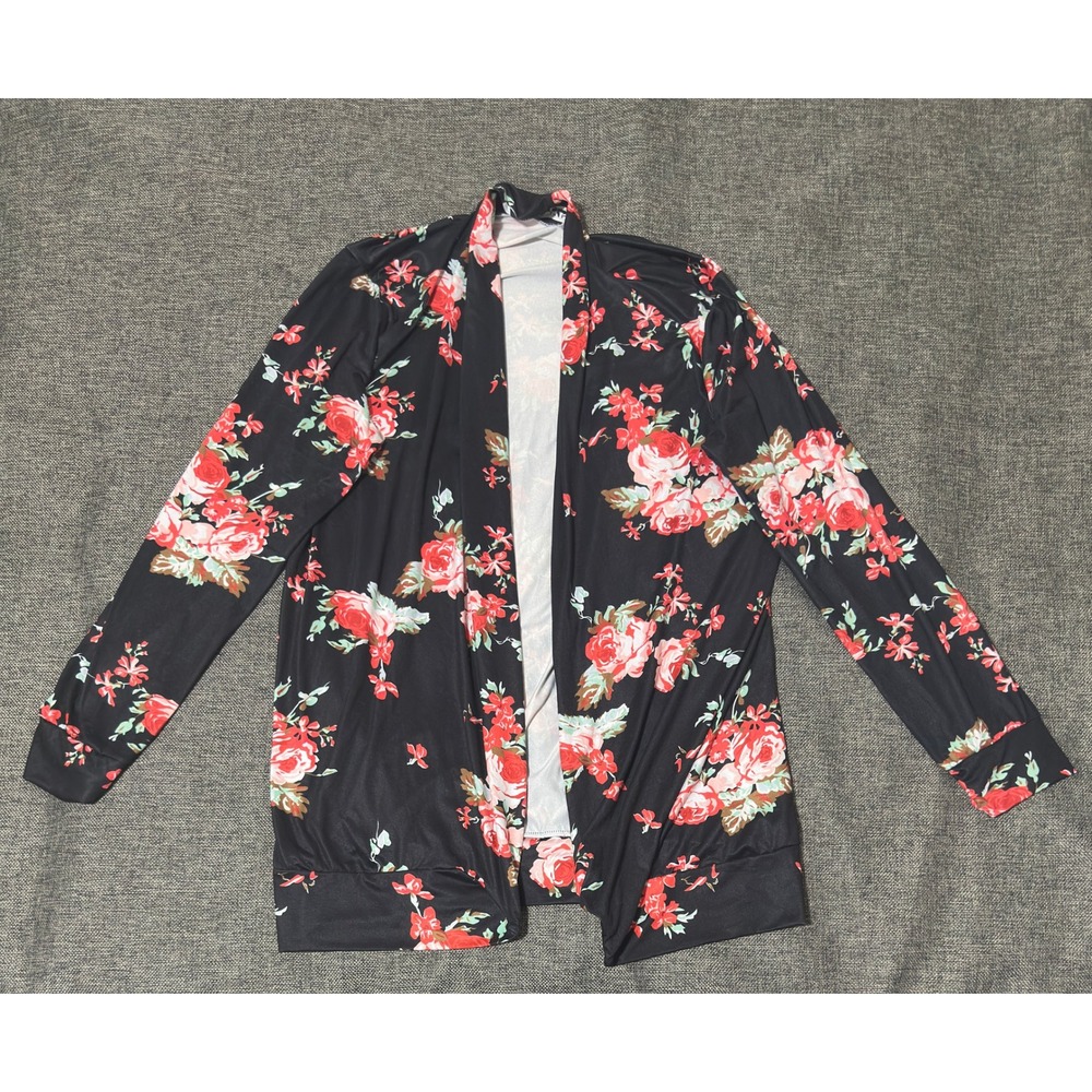 ECOWISH Womens XL Cardigan Black Red Floral Long Sleeve Open Front